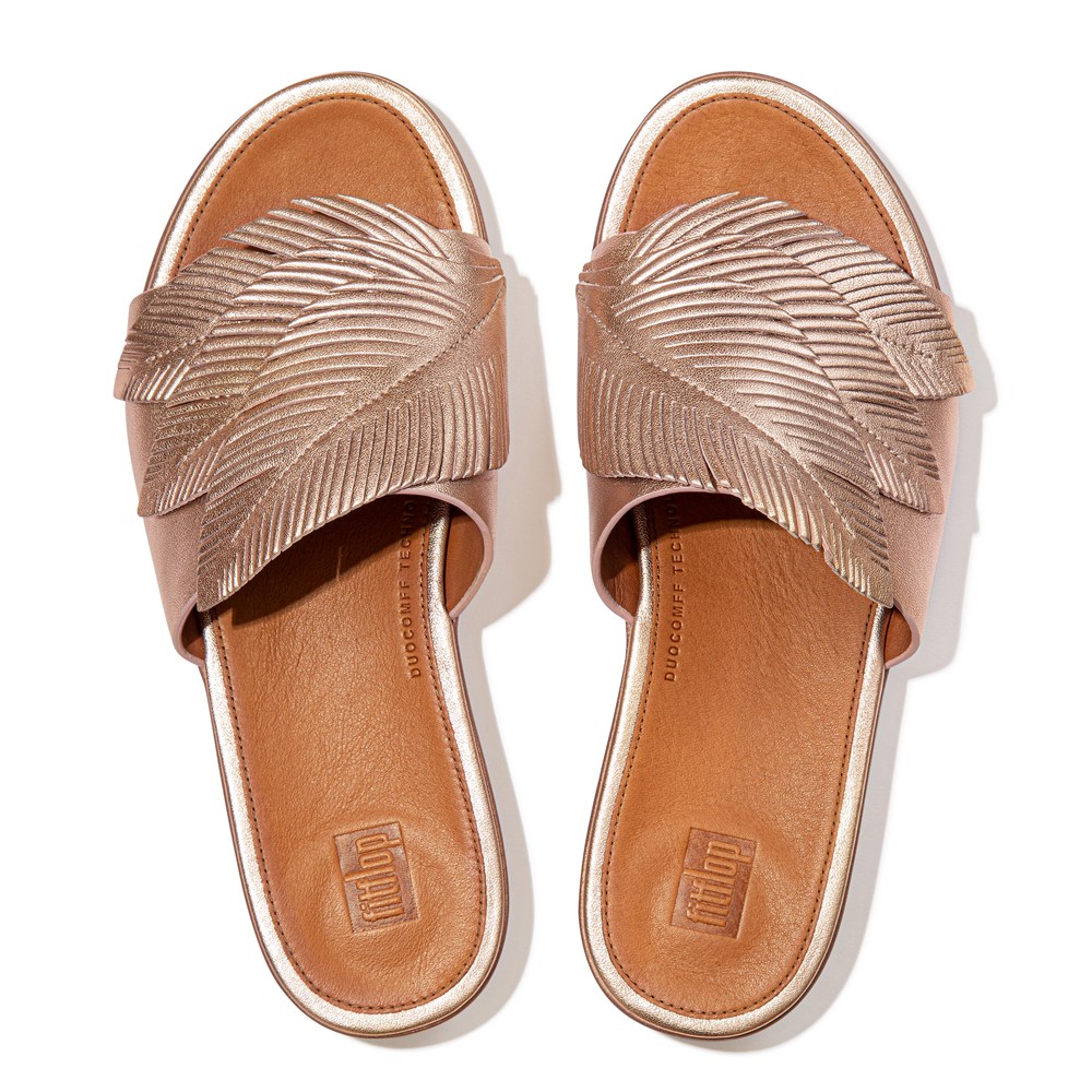 Fitflop Womens Slides Rose Gold - Sola Feather Metallic Leather - 89IDCQULV